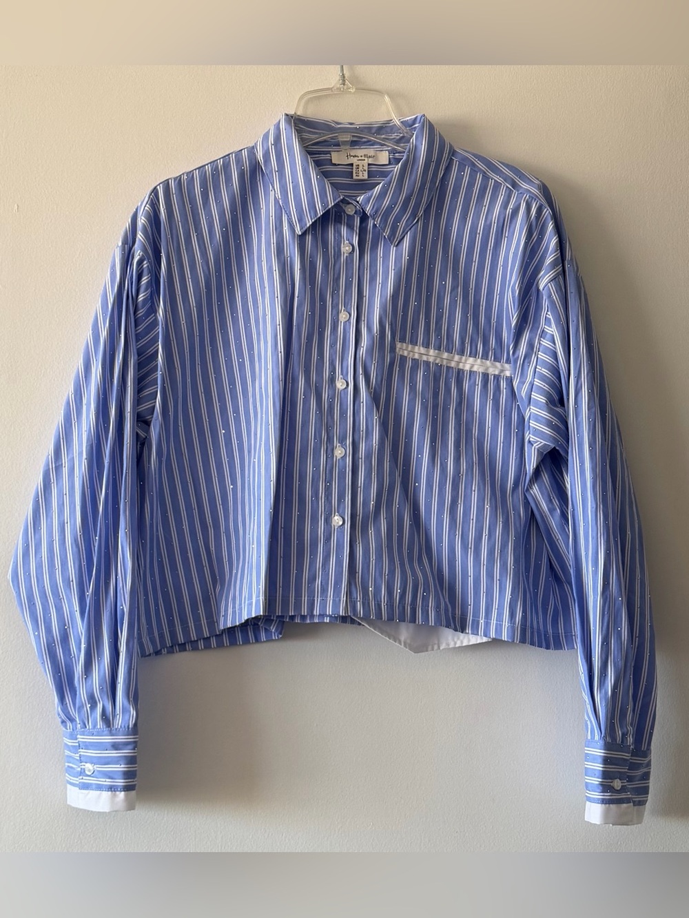 Haver + Blair London Rhinestone Cropped Button Down Shirt Blue Striped Size L